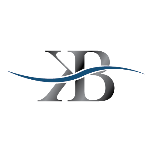 Grey, black and white gradient logo of the letters KB with the 'K' being backwards with a blue and white stripe flowing through the logo