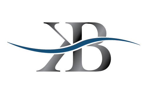 Grey, black and white gradient logo of the letters KB with the 'K' being backwards with a blue and white stripe flowing through the logo